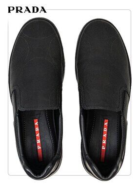 Prada Men's Black Leather with pattern Loafers 10US